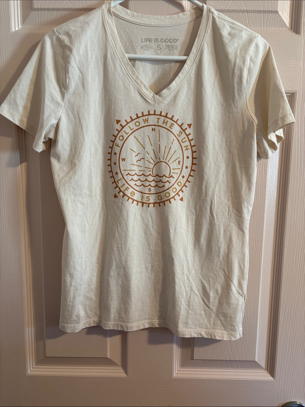 Life Is Good Cream V-Neck with Rust Sun Graphic